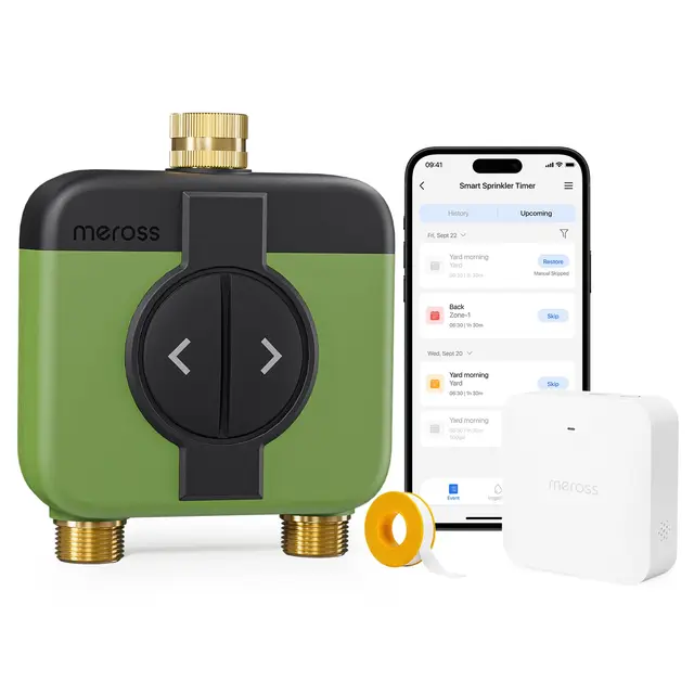 Meross Programador Riego WiFi 2 Salidas MST200, App Riego Automatico de Jardín & Control Remoto, Retraso Lluvia y Monitoreo Consumo Agua, Compatible con Apple Home, Alexa y Google Home, Verde, 2.4GHz