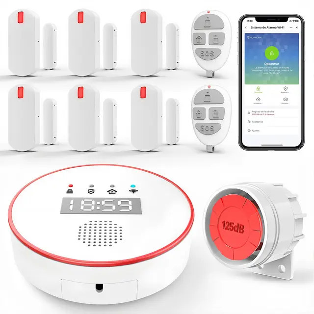 YISEELE Alarma para casa: Kit Alarma casa 5 GHz WiFi - con Reloj y App Gratis - Completo 1 Sirena 125dB - 6 Sensores Puerta/Ventana - 2 Mandos - 1 Central - Compatible con Alexa y Google Home