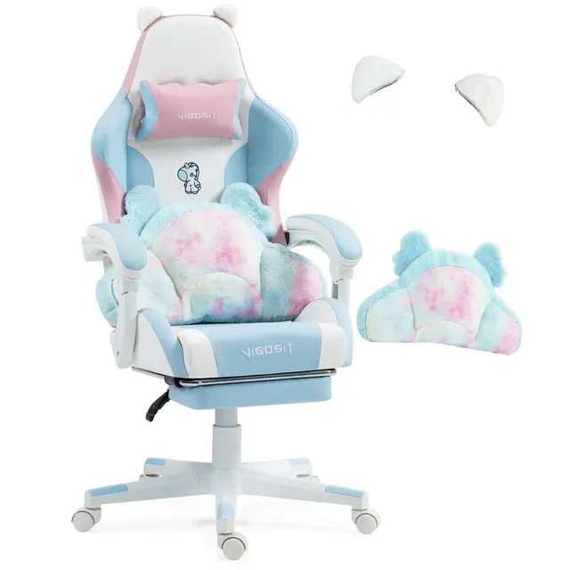 Silla de gaming linda con orejas y cojines Kawaii, silla ergonómica para juegos de ordenador para niñas con soporte lumbar y reposapiés, cómoda silla para videojuegos para adolescentes (azul rosa)
