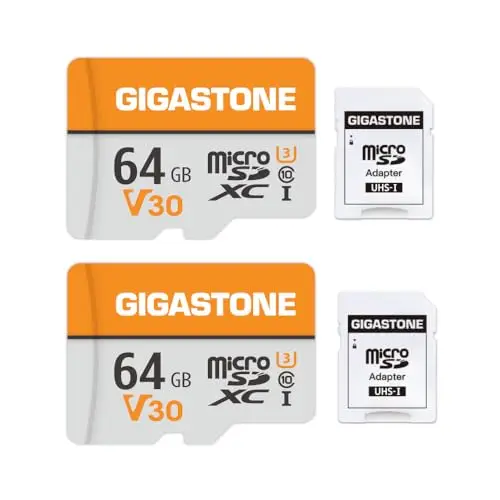 GIGASTONE Tarjeta Micro SD 64GB (Paquete de 2), V30, Grabación de Video 4K, Compatible con Vigilancia, Cámara de Seguridad, Dash CAM y Dron, MicroSDXC UHS-I Clase 10 hasta 95MB/s, con Adaptador
