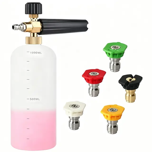 Cañón de Espuma modelo Lanza de Espuma de Nieve, compatible con hidrolimpiadoras de conexión rápida 1/4", dispensador de jabón ajustable de 1L con 5 boquillas de pulverización