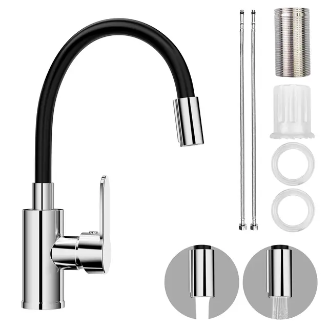 Grifo de Cocina Flexible, Grifos de Fregadero Giratorio 360°, Grifo Cocina Negro con Caño Flexible, Griferia Monomando Cromo con 2 Modos, Mezclador de Fregadero, para Agua Caliete y Fría