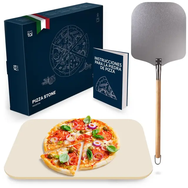 Blumtal Piedra para Pizza para Horno de 38 x 30 cm + Pala para Pizza – Piedra para Pizza de Gas de Piedra de cordierita hasta 900 °C – Piedra para Pizza para la Parrilla de Gas – Pizza Piedra para la
