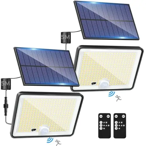 LOTMOS 2 Paquete Luz Solar Exterior Jardin, 342LED/Mando a Distancia Focos Led Solares Sensor De Movimiento, IP65 Impermeable Lampara Solar, 3 Modos Luces Solares Led Exterior Jardin, Garajes