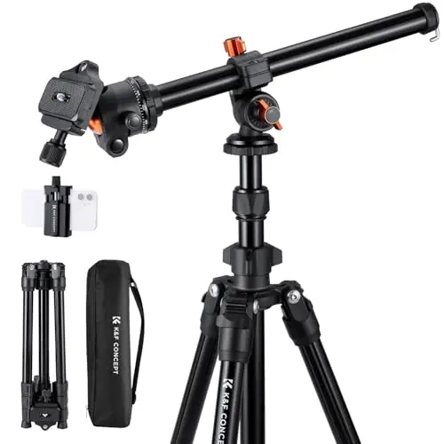 K&F CONCEPT O234A1+BH-36 Tripode Camara con Brazo Extensible 195CM, Trípode Viaje Cámara con Soporte de Teléfono, Trípode Ligero en Aluminio