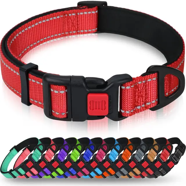 Taglory Collar Perro, Collar Nylon Reflectante Neopreno Forrado Ajustable para Perros Pequeños, Rojo