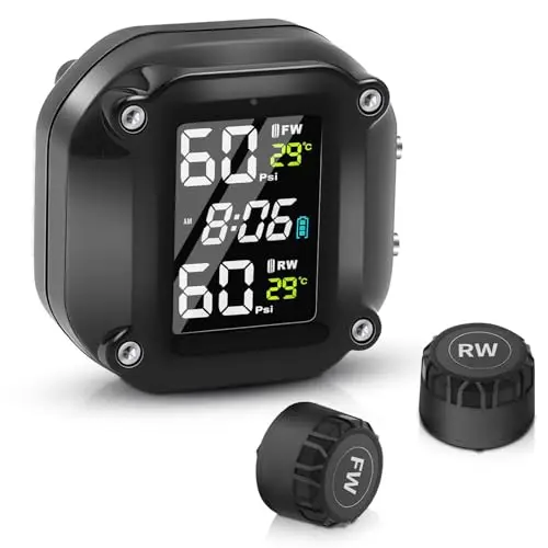 TPMS Motocicleta Sistema de Monitoreo de Presión de Neumáticos, Carga USB Magnética, 5 Funciones de Alarma, Diseño Impermeable IP67, con 2 Sensores Externos Pantalla LCD