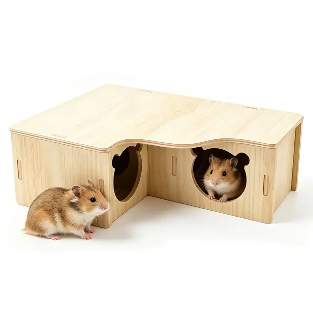 17,8 x 22,5 x 8 CM Casa Hamster Madera, Terrario Hamster Resistente Agua, Conejera Exterior Pequeña Decorativa Refugio para Hámsteres Enano Dorado Jerbos y Ratone (3 Habitaciones)