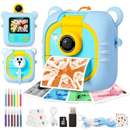 ARNSSIEN Camara Fotos Infantil Instantanea,7 Papeles (4C: Rojo/Naranja/Azul/Verde + 3 BN),2.4" Camara Fotos Infantil con 1080P & 180° Lente & 32GB, Regalo Navidad/Cumpleaños para Niños & Niñas, M2