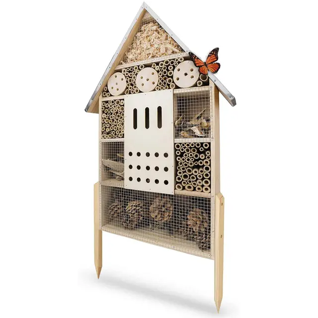 WILDLIFE FRIEND Hotel para Insectos con Techo de Metal XL. Casa para Insectos en Madera Natural para Abejas, Mariquitas, crisópidos, Mariposas. Mariposario