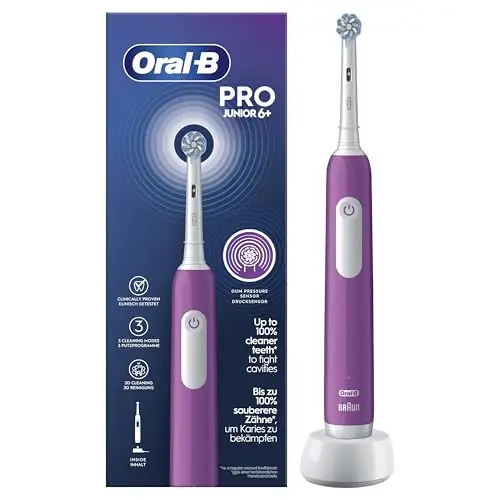 Oral-B Pro Junior Cepillo de Dientes Eléctrico para Niños +6 Años, Morado - Cepillo Dental con 1 Cabezal, 3 Modos de Cepillado Y Sensor de Presión, Suave con Encías Sensibles
