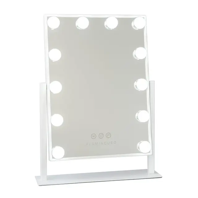 Flamingueo Espejo Maquillaje con Luz - 12 LED - 3 Modos de Luz - Intensidad Ajustable - Control Táctil - Posición Regulable - Espejo con Aumento Incluido - Vanity Mirror - Blanco - 36x47,5x7,5cm