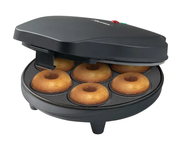 Bestron Donut Maker, mini donut maker eléctrica para 7 pequeños donuts, incl. semáforo de cocción y revestimiento antiadherente, 700 vatios, Color: Negro Mate