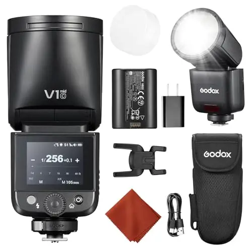 Godox V1 Mid C para Canon V1 Mid-C Flash Cámara 55Ws Speedlite Cabeza Redonda TTL Mini Flash con Difusor Zapata Caliente,2,4G HSS 1/8000s,Pantalla Táctil Color,USB-C,Compatible EOS R5 R8 y AK-R1