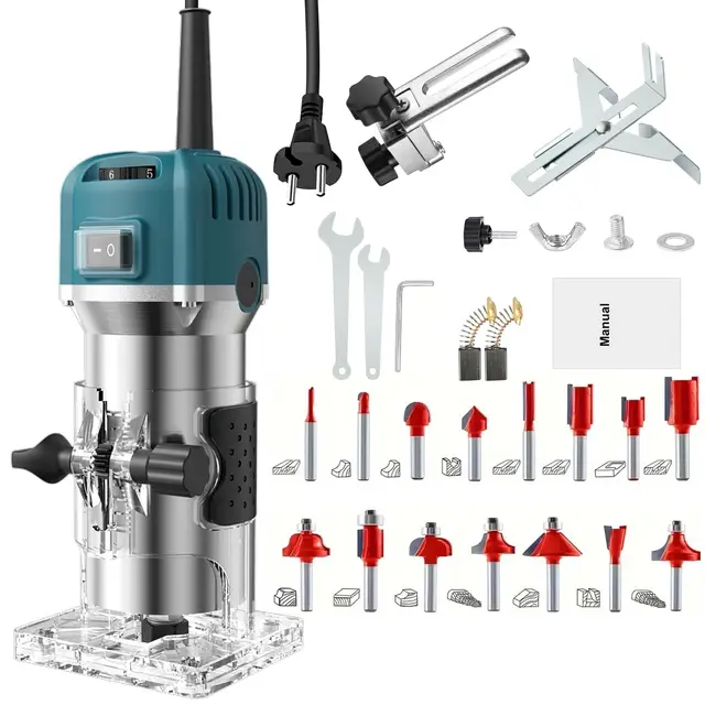 Fresadora Para Madera Compacta, 6,35 Mm Fresadora De Cantos De Mano Portátil, 800W 28000Rpm Fresadoras Eléctrica Para Madera Enrutador De Palma Eléctrico Con 15 Fresas