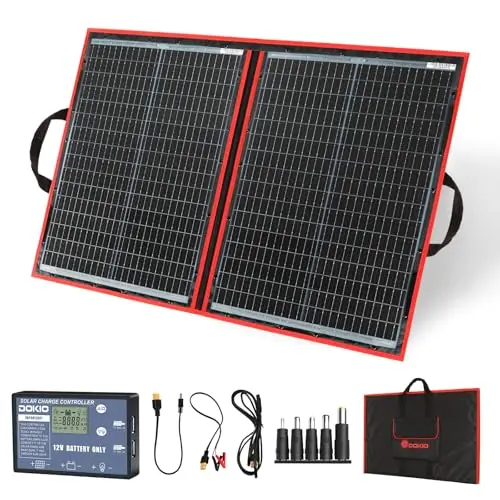 DOKIO Panel Solar PLEGABLE 100w 12v monocristalino portátil, impermeable, ideal para la energía solar al aire libre, embarcaciones, camping, caravanas o autocaravanas