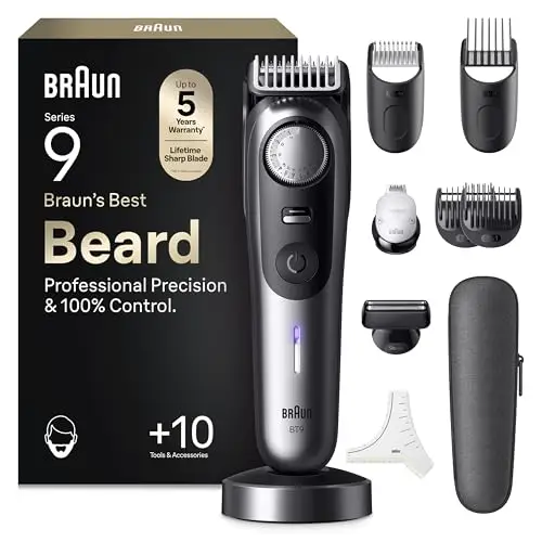 Braun Recortadora de Barba Series 9 BT9545, Cromo - Barbero Recargable Resistente al Agua, +10 Accesorios para Barba, 180 Min de Autonomía, 52 Longitudes, Lámina Ultra Afilada