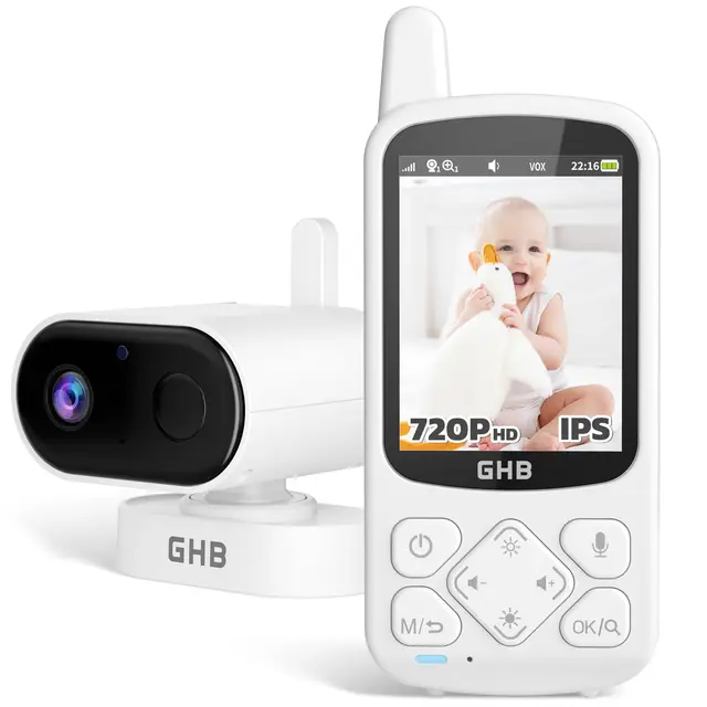 GHB Camara Vigilancia Bebe Vigilabebes con Camara con Pantalla IPS 2.8" 720P Recargable de 2000mAh Visión Nocturna 8 Canciones de Cuna Comunicación Bidireccional VOX Escucha Bebes