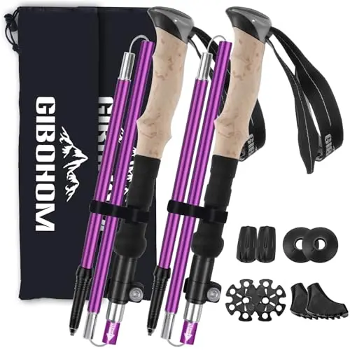 GIBOHOM 2 Pcs Bastones de Senderismo Plegables Nórdicos, Bastones Trekking de Aluminio 7075 Antichoque 105-125 CM con 4 Pares de Topes de Goma, Palos Senderismo para Senderismo Alpinismo Trail Viaje