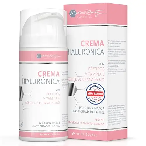 Medical Beauty Crema de Ácido Hialurónico 100ml - con Péptidos, Vitamina E y Aceite de Semilla de Granada Orgánico - Crema Facial Vegana Anti-Edad para Ojos, Cuello, Escote.