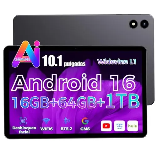 2026 último Tableta 10 Pulgadas Android 16,Gemini Ai,16GB RAM + 64GB ROM + 1TB TF, GMS, Widevine L1,5G Wi-Fi6, BT5.2,Delgada y Ligera, Desbloqueo Facial,Duplicación de Pantalla inalámbrica