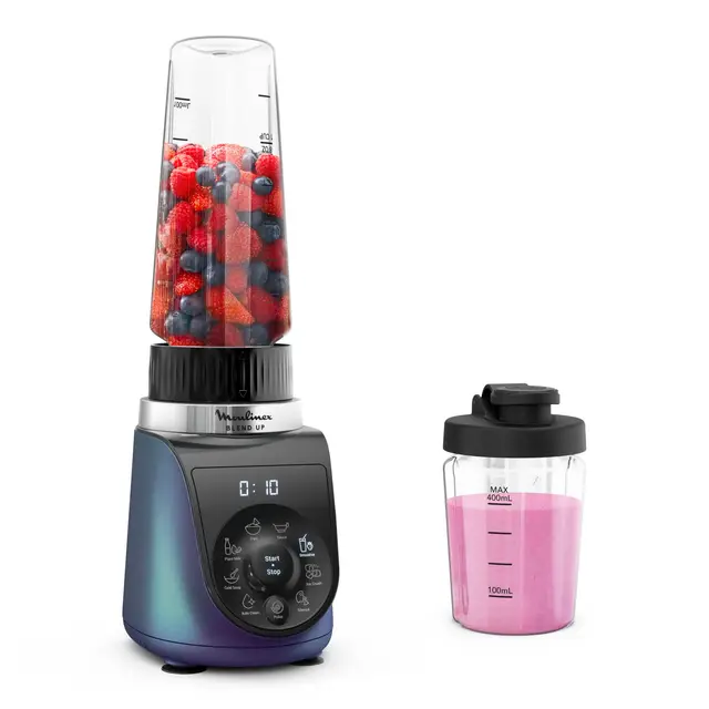 Moulinex Blend Up, Batidora personal potente 1000 W, 8 programas automáticos, pica hielo, ideal para batidos, smoothies y bebidas saludables, diseño compacto, jarra resistente, azul, LM19H4F0