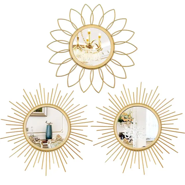 Uaussi - Juego de 3 Espejos Dorados para Pared de Metal Efecto Sol, decoración de Pared Colgante para Sala de Estar, Dormitorio, Entrada