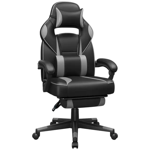 SONGMICS Silla de Oficina, Silla Gaming Ergonómica, con Reposapiés Telescópico, Respaldo Ajustable, Reposacabezas y Soporte Lumbar, Carga de 150 kg, Negro Tinta y Gris Paloma OBG073B03