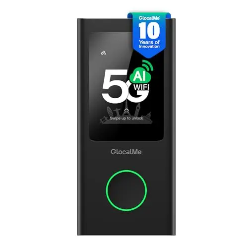 GlocalMe Numen Air WiFi portátil, Red de Alta 5G, No SIM, Viajes internacionales 5G a más de 90 países, Móvil Router con 1GB de Datos Globales, Pantalla Táctil, 16 Dispositivos Conectados, 5400mAh