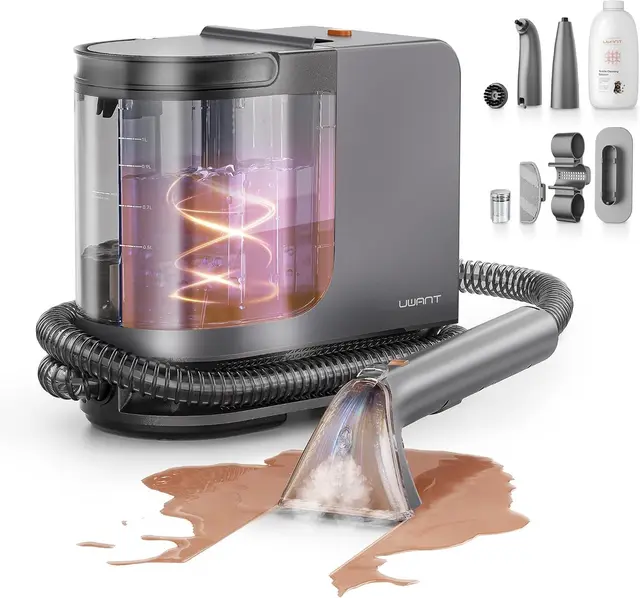 Uwant Limpiador de Tapicerías con Sistema de Vapor y Agua Caliente, 18kPa de Potente Succión, Limpiador Portátil con 4 Herramientas de Limpieza y Solución Incluida, para Sofás set of 1