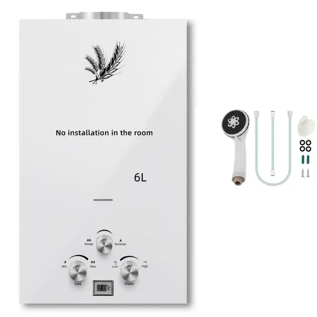 Calentador de Agua de Gas de 6L Propano Butano,Calentador de Agua Portátil de 12 KW,Caudal de Agua 6L/min,con Modos de Invierno y Verano,para Baño/Cocina/Autocaravana/Camping(6, Litros)