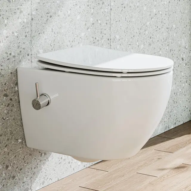 HOROW Inodoro con boquilla integrada, inodoro suspendido con función de bidé, Taharet WC con nanorrevestimiento, inodoro con grifo, asiento de inodoro con descenso automático, agua fría, 53 x 36 x 35