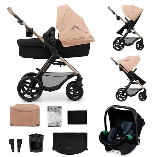 Kinderkraft MOOV 2, carrito 3 en 1 con capazo y silla de paseo 2 en 1, ruedas grandes antipinchazos, Travel System con silla de coche, hasta 22 kg, Beige