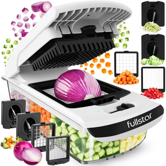 Fullstar Multifuncional Cortador de Verdura y Espiralizador - Picador de Verduras Manual para Cebolla Pepino Patatas Fritas Frutas - Gadgets y Accesorios de Cocina (PRO 4-en-1, Blanco)