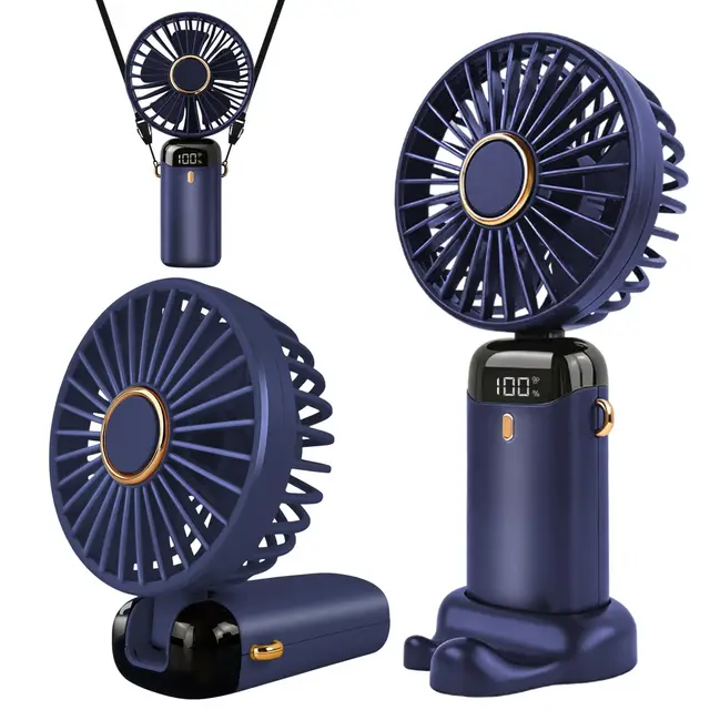 Jsdoin Ventilador de mano portátil, 5 velocidades recargable por USB,funciona con pilas, ventilador plegable de escritorio con pantalla LED para el hogar,oficina,dormitorio,viajes al aire (Azul)