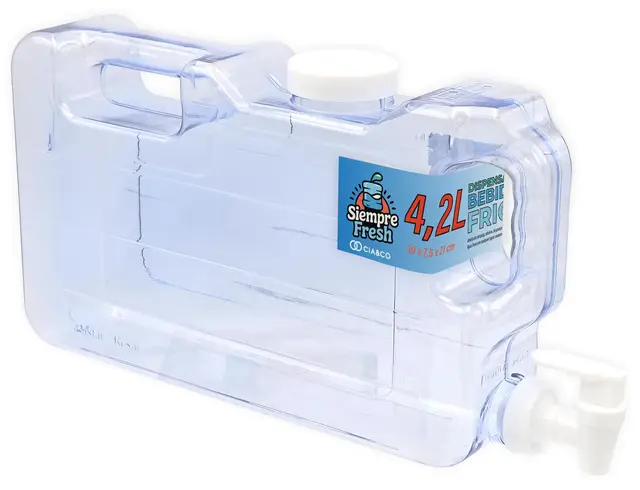 Dispensador de Agua Fría para Nevera 4,2 L by Cia&Co | Garrafa compacta 39x21x7,5 con Asa Ergonómica, Grifo de Doble Función y Tapón - Reutilizable y Duradera, Bebidas Frías en Casa, Playa, Camping