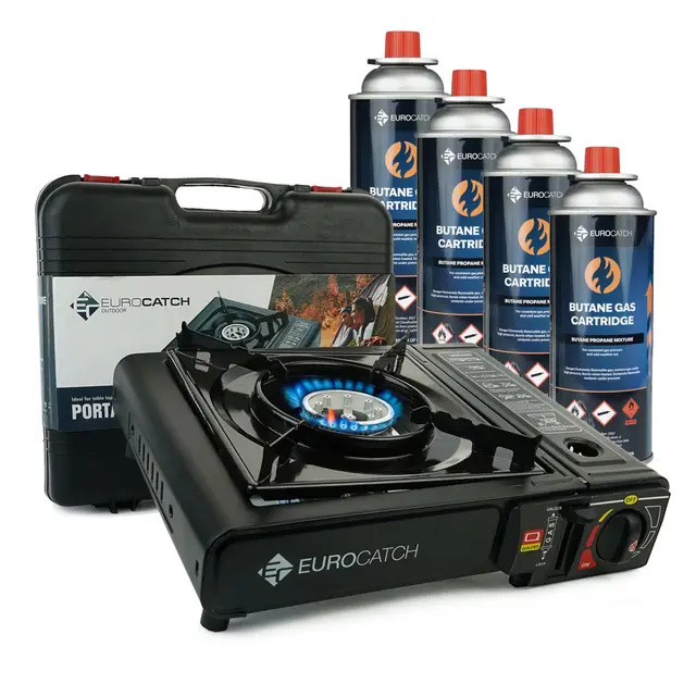 Estufa de Gas - incl. 4 bombonas de gas - Cocina a Gas - Estufa de camping - Quemador - Placa vitrocerámica - Maletín de transporte