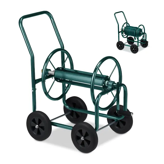 Relaxdays Carro Portamangueras, hasta 60 m, 4 Ruedas Neumáticas, Acoplamiento por Clic, Soporte Mangueras Metal, Verde