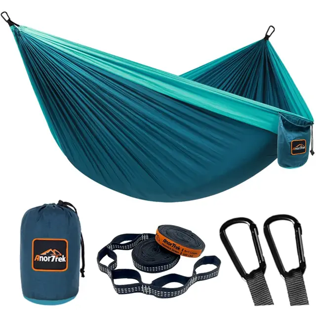 AnorTrek Hamaca de Camping, Súper Ligera y Portátil, de Paracaídas con Dos Correas para Árboles, Hamacas de Viaje de Nylon Individuales o Dobles para Acampar, Mochilero y Senderismo