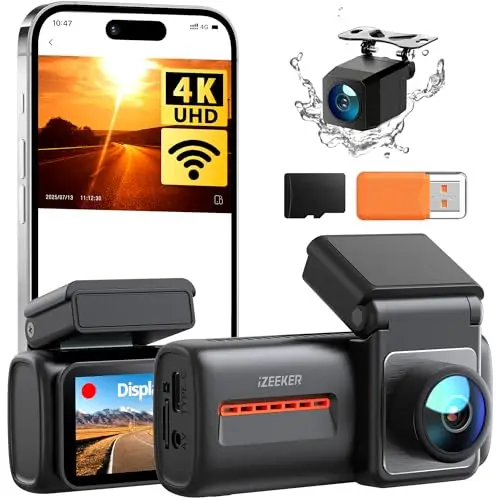 iZEEKER 4K Dashcam Frontal y Trasera, WiFi 6 Dash CAM Coche con Tarjeta 32G, 4K+1080P Camara Coche, Pantalla de 2.99", App, Visión Nocturna, Sensor G, Grabación en Bucle, 24H Monitor de Aparcamiento