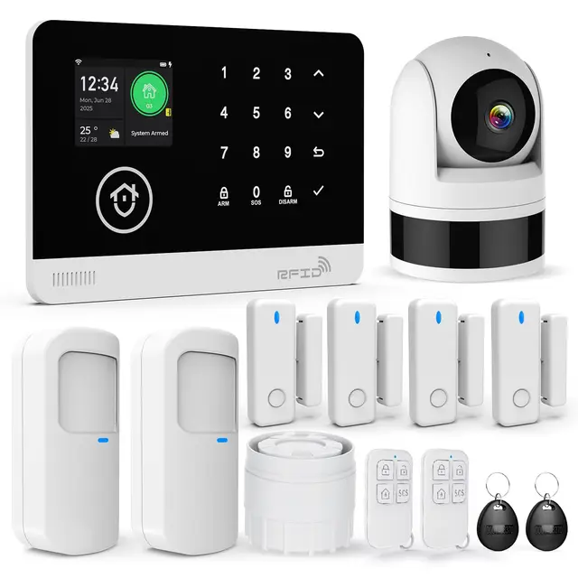 Sistema de Seguridad Doméstico con Cámara, Sistema de Alarma WiFi/gsm SMS con Detector de Movimiento, Sirena de Alarma de 120dB, Mando a Distancia Inteligente, Compatible con Alexa(13 Piezas)