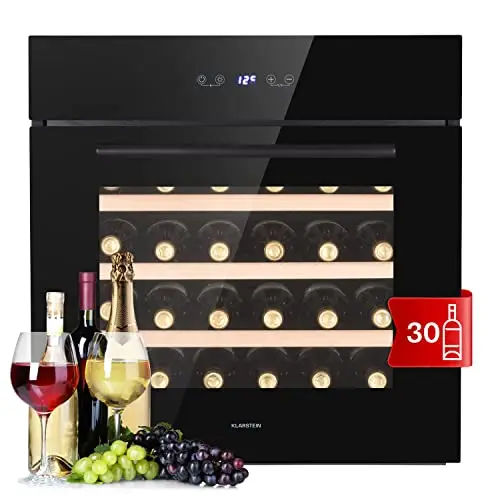 KLARSTEIN Vinoteca, Nevera Vino Refrigeración 1 Zona Empotrable, Nevera Pequeña Cerveza para Interior y Exterior con Puerta de Cristal, Botellero Panel Táctil, Temperatura 5-18 °C, 30 Botellas