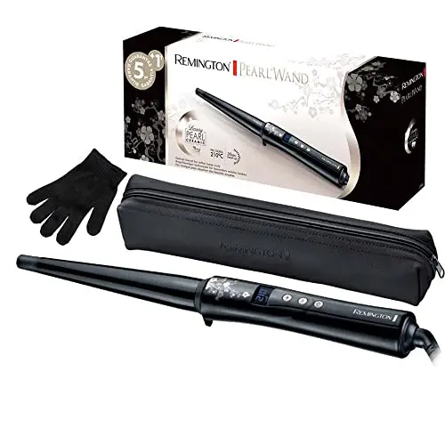 Remington Rizador Pelo Ondas cónico 13-25 mm Pearl revestimiento cerámico con perlas pantalla LCD 130-210 °C, guante resistente al calor, rizos naturales, rizos en espiral y ondas playeras, CI951