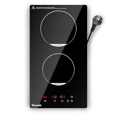 Topwish placa induccion 2 fuegos, placa de inducción 30cm, placa inducción dos fuegos con cierre de seguridad, Booster, Indicador de superficie caliente, con enchufe, 3500W
