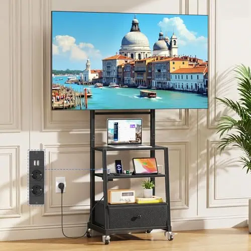 Soporte TV Ruedas con Enchufes para Televisores de 32 a 75 Pulgadas, Mueble TV Suelo con 3 Estantes y Cajón de Tela, Soporte TV Pie Altura Ajustable, VESA 600x400mm, hasta 50 kg, Negro
