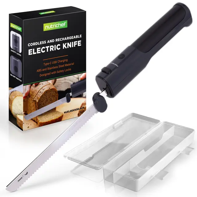 Nutrichef Cuchillo Jamonero Electrico, Inalambrico, Funcion de Encendido y Apagado, Ligero, Seguro, para Jamon, Carnes, Aves, Pan y Queso, Cuchillas de Acero Inoxidable