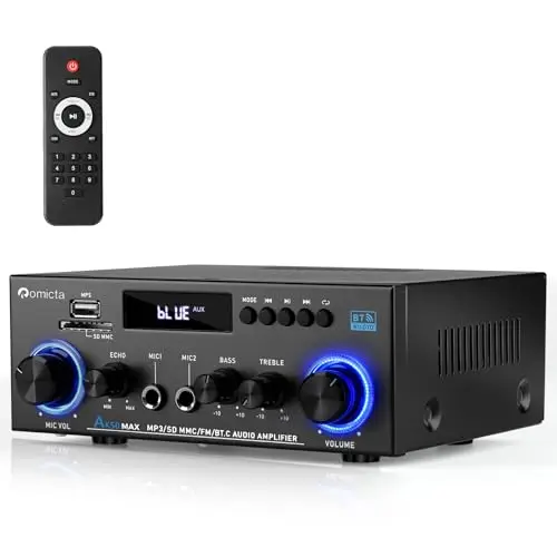 Romicta Amplificador de Audio Estéreo 800W con Bluetooth 5.0, Radio FM, Lector USB/SD, Entrada AUX, 2 Micrófonos con Eco,Incluye Mando a Distancia para Home Cinema y Hogar