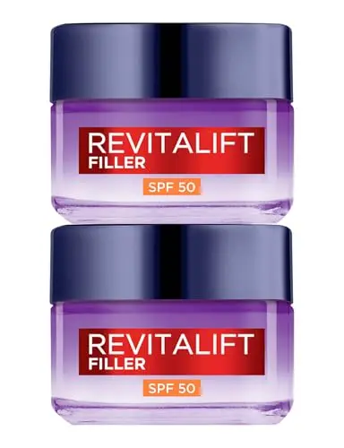 L'Oréal Paris Revitalift Filler Crema de Día Rellenadora y Antiarrugas Facial Tratamiento Voluminizador Protección SPF 50 con Ácido Hialurónico de Larga Duración - 2 Tarros de 50ml