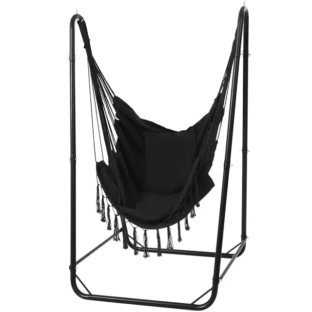 Silla Colgante en U con Soporte, Silla Colgante de Acero Resistente con Soporte para Interior y Exterior, Base Estable, Capacidad 100 kg, Montaje fácil - Negro