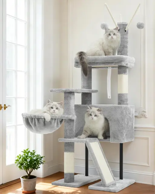 Gitelsnour Rascador para Gatos de Interior, Árbol para Gatos para Gatitos, con Postes, Plataforma Superior Desmontable, Pompones, Cuevas, Cestas, Gris Claro GCT006SW